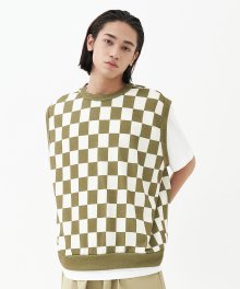 Checkerboard Round Knit Vest_Olive