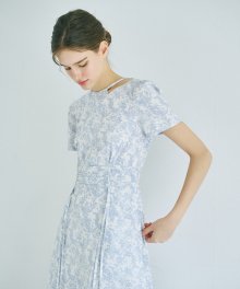 Neck Cut-Out Shirring Dress  Light Blue