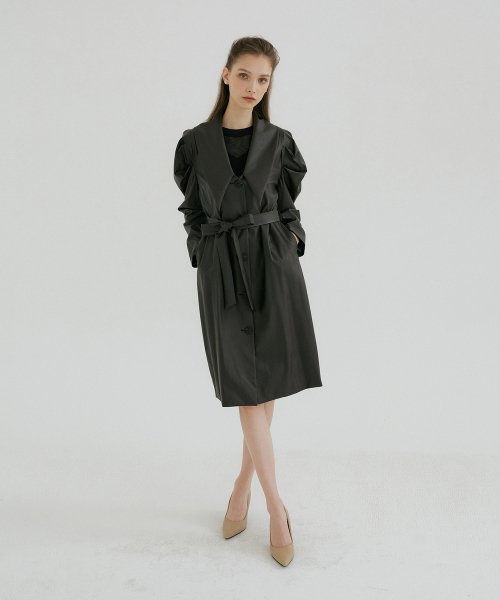 LEATHER BIG COLLAR PUFF JACKET - dark brown