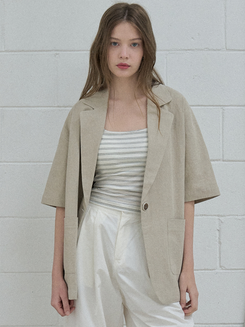 Linen Overfit Basic Tailored Jacket - Beige