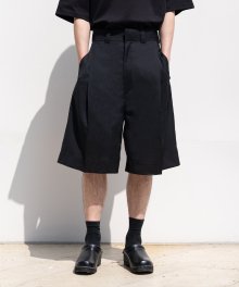 Wool wide-leg short pants - Black