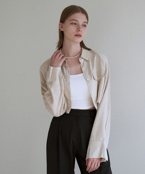 Кроп-рубашка из льна с карманом, Beige