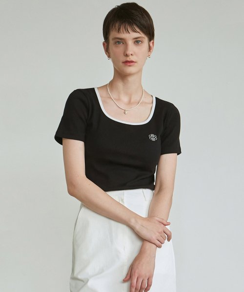 RIBBED SQUARE NECK HALF KNIT_BLACK