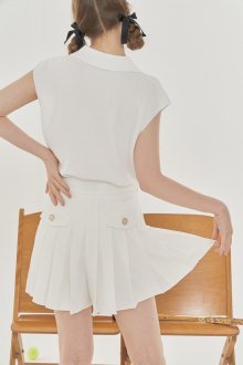 BUTTON-EMBELLISHED PLEATED SHORTS W/INNER PANTS_White