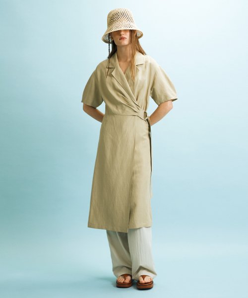 SHIRRED WRAP DRESS - KHAKI