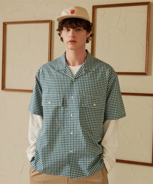 MUSINSA | YCW Gingham check open collar short sleeve shirt forest