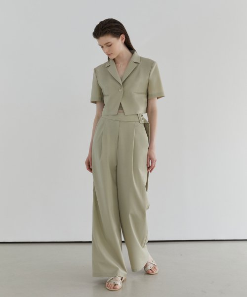 MUSINSA | MODERNABLE Belt Point Summer Wool Wide Pants - GREEN