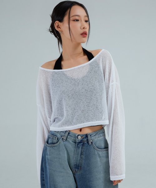어커버(acover) 시스루 크롭 니트 롱 슬리브 화이트