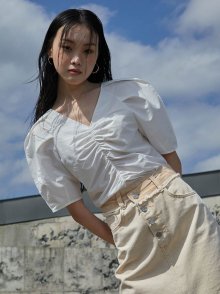 Front Shirred V-neck Blouse in White VW2MB157-01