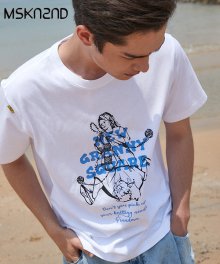 그랜드마 프린트 레귤러 핏 반팔 티셔츠 블루