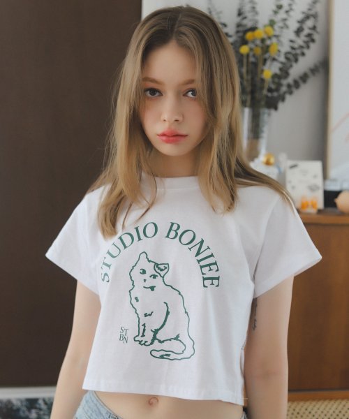 크롭티 캣 심볼(Crop Cat Symbol) 그래픽 루즈 티셔츠 화이트