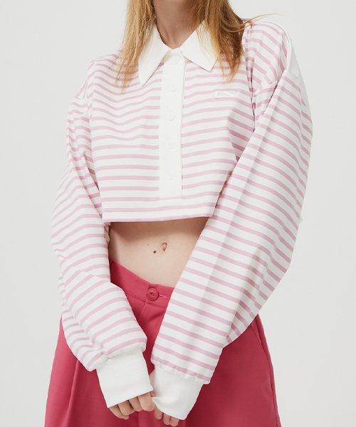 stripe crop polor shirt (pink)