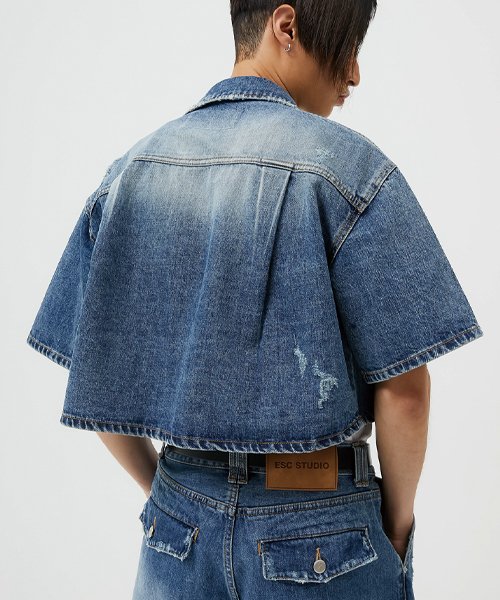 MUSINSA | ESC STUDIO denim crop short sleeve shirt (blue)