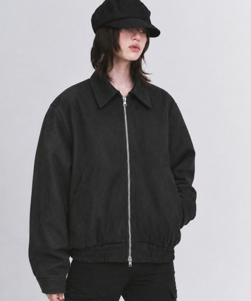 Vegan Two-way Blouson Suede Banding Jumper Jacket [BLACK]