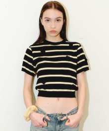 Stripe Floral Embroidery Knit Top [NAVY]