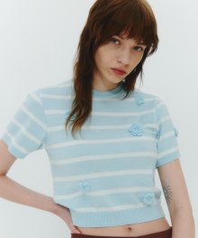 Stripe Floral Embroidery Knit Top [SKY BLUE]