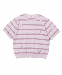 Stripe Floral Embroidery Knit Top [LAVENDER]