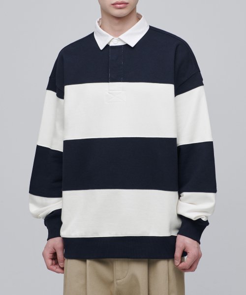 MUSINSA | MUSINSA STANDARD Oversized Stripe Rugby Sweatshirt [Navy/Creme]