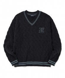 W V-NECK CABLE KNIT SWEATER (BLACK)