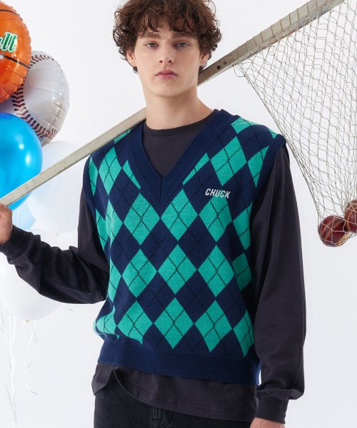 MUSINSA | CHUCK Argyle Knit Sweater Vest (Dark Navy)
