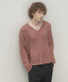 T6004 Malta V-neck boucle knit_Brown pink