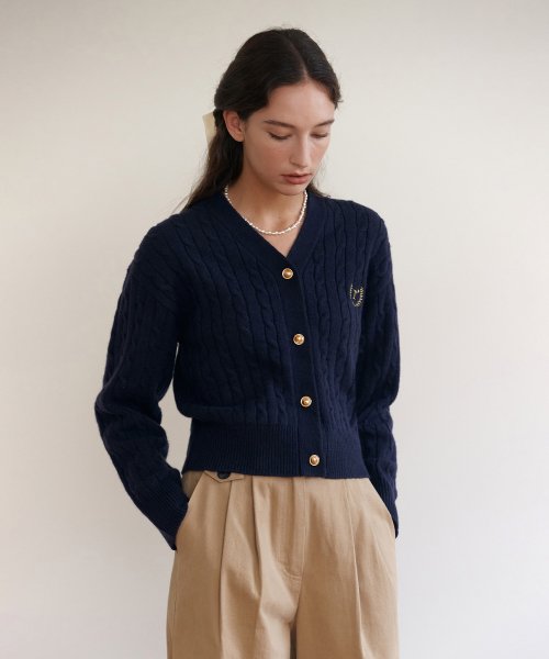 V NECK CABLE CARDIGAN NAVY