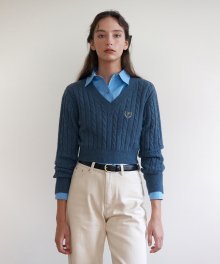 V NECK CABLE KNIT BLUE