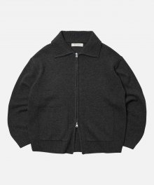 WOOL COLLAR ZIP UP KNIT CARDIGAN _ CHARCOAL