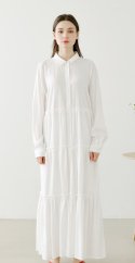 벨르마(BELLEMA) Open-collar Shirring Dress [White]