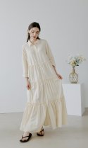 벨르마(BELLEMA) Open-collar Shirring Dress [Cream Beige]