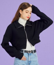 [기모] WOMEN 크롭 니트 집업 맥시 숏 가디건 [블랙] MX 긴팔 카라 스웨터 ver.