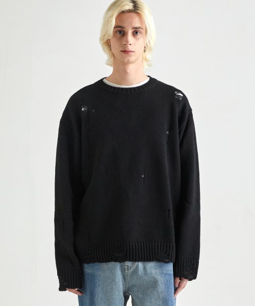 MUSINSA | LOFI Grunge Damage Knit Sweater (Black)