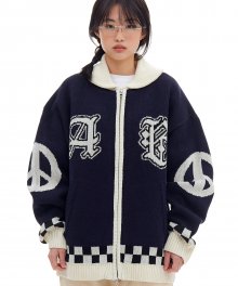 ETHNIC KNIT ZIP-UP (NAVY)