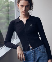 NICOLE RIBBED TWO WAY ZIP UP KNIT_BLACK