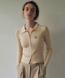 NICOLE RIBBED TWO WAY ZIP UP KNIT_BEIGE