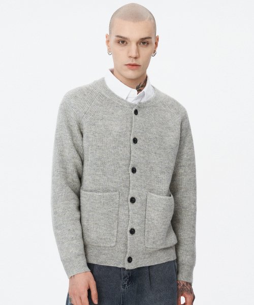 Grey round neck cardigan best sale