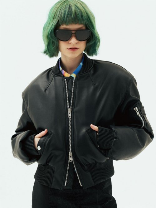 Cropped Faux Leather Bomber Jacket