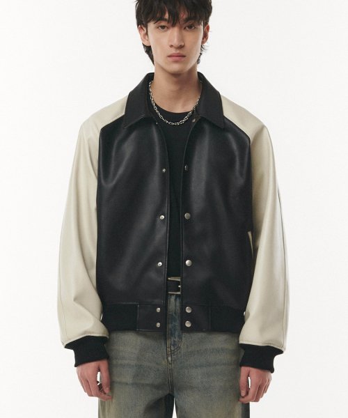 MUSINSA | ドフジェーソン Vegan Leather Balanced Varsity Jacket BLACK