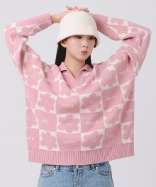 DAISY CHECKERBOARD POLO KNIT SWEATER (PINK)