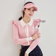 어깨 프릴 니트 집업 Shoulder frill knit zip-up (Pink)