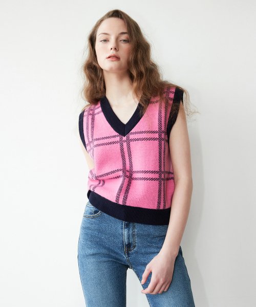 MUSINSA | MUDIDI V-neck check knit vest 001 Pink