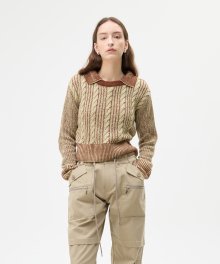 LK CABLE COLLAR KNIT(BROWN)