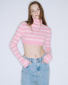 CASHMERE BLENDED CROPPED TURTLE NECK STRIPE_PEONY PINK