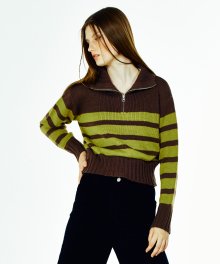 STRIPE  HALF ZIP SWEATER BROWN