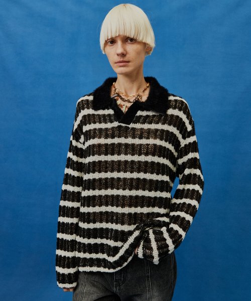 데비어퍼(DEBBY UPPER) HAIRY COLLAR STRIPE KNIT_BLACK - 102,400 | 무신사 스토어