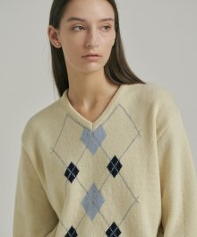 Argyle V-Neck Pullover Knit_CREAM