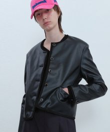 No-Collar Fake Leather Jacket_BLACK