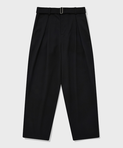Belted двойные складки шерстяные слаксы Black