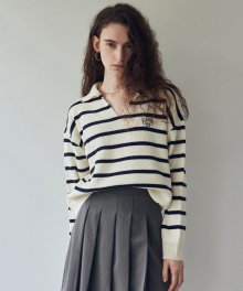 NICOLE OPEN COLLAR STRIPE KNIT_CREAM