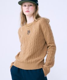 CASHMERE BLENDED CABLE CREW NECK MRCD_CAMEL NAVY